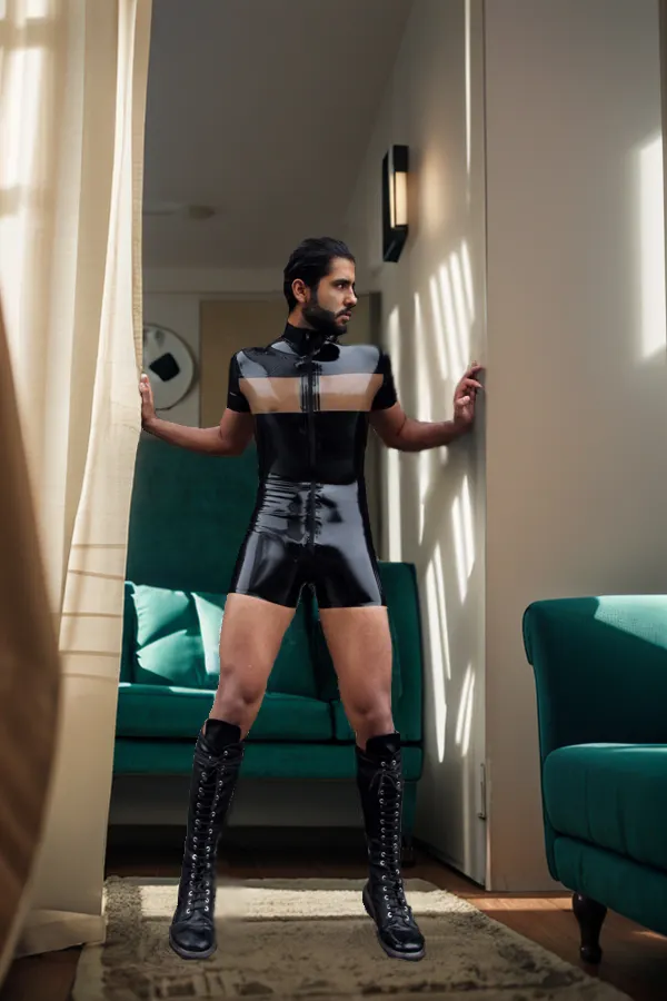 Men Latex Bodysuits Short-Sleeved High Collar
