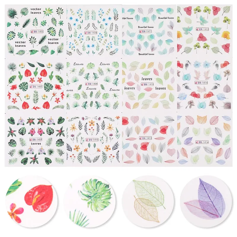 12Pcs Leopard Water Decals Sticker Hollow Floral Flower Leaves Geometry Water Transfer Watermark Foil Slider Decoration