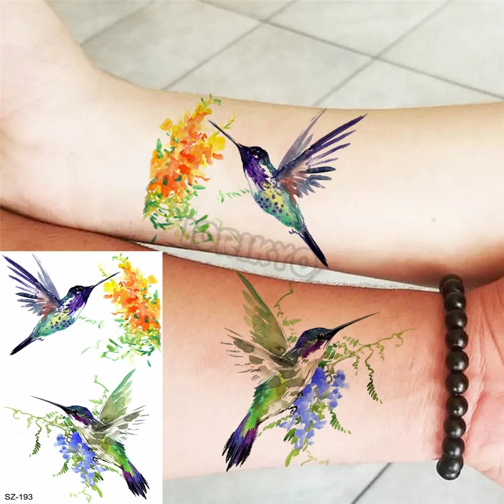 Colorful Dinosaur Temporary Tattoos For Kids Girls Rose Flower Lavender Hummingbird Fake Tattoo Sticker Forearm Neck Tatoos Show