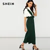 SHEIN Green Preppy Solid Wide Leg Pants Elastic Waist Ruffle Strap Calf Length Jumpsuit Women Summer Office Workwear Jumpsuits