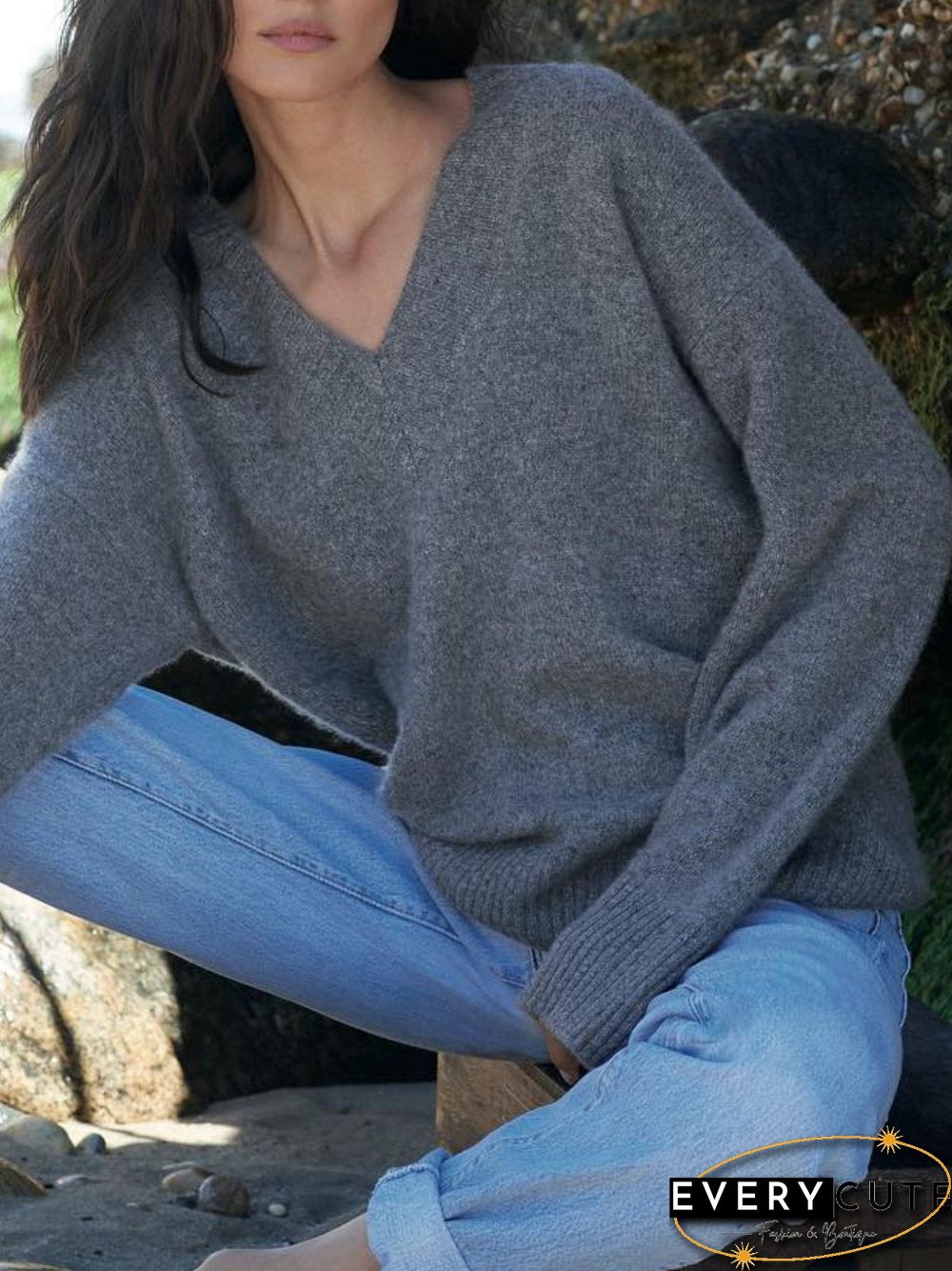 Shift Casual V Neck Solid Sweater
