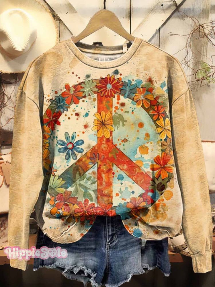 Women&rsquo;s Retro Hippie Peace Love Floral Pattern Print Casual Sweatshirt Multicolor / S