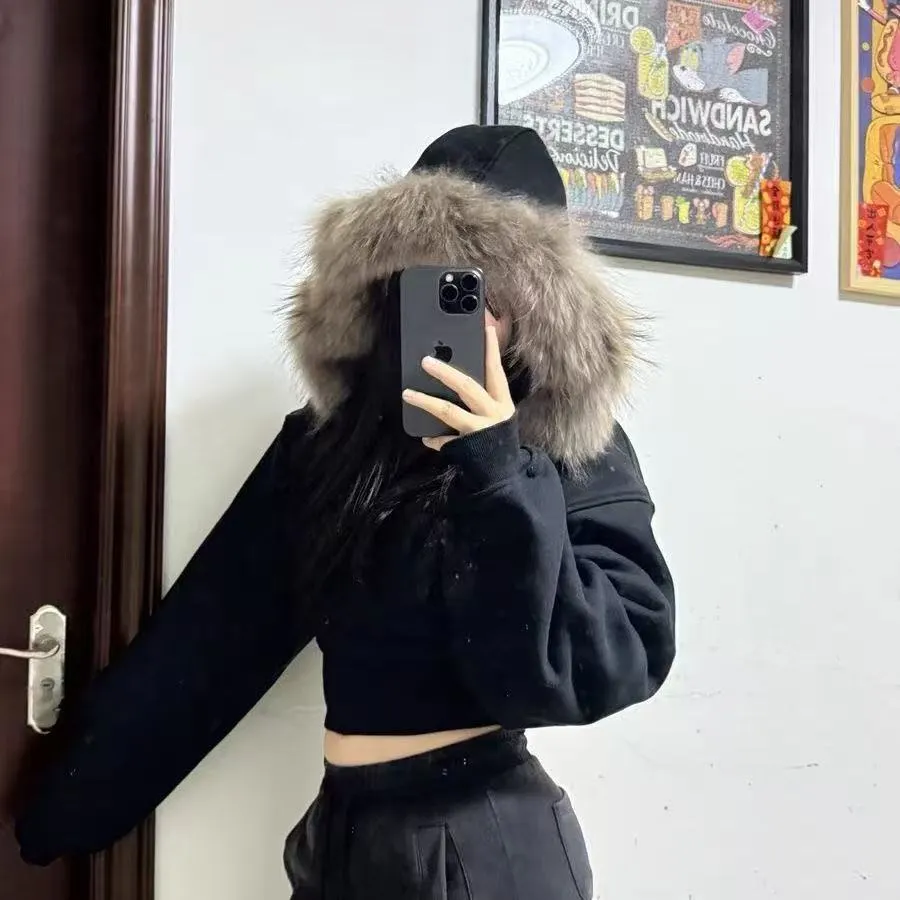 Nigikala Nigikala New Wool Collar Hoodie Jacket Zipper Spring And Autumn Short Design Top Short Coat