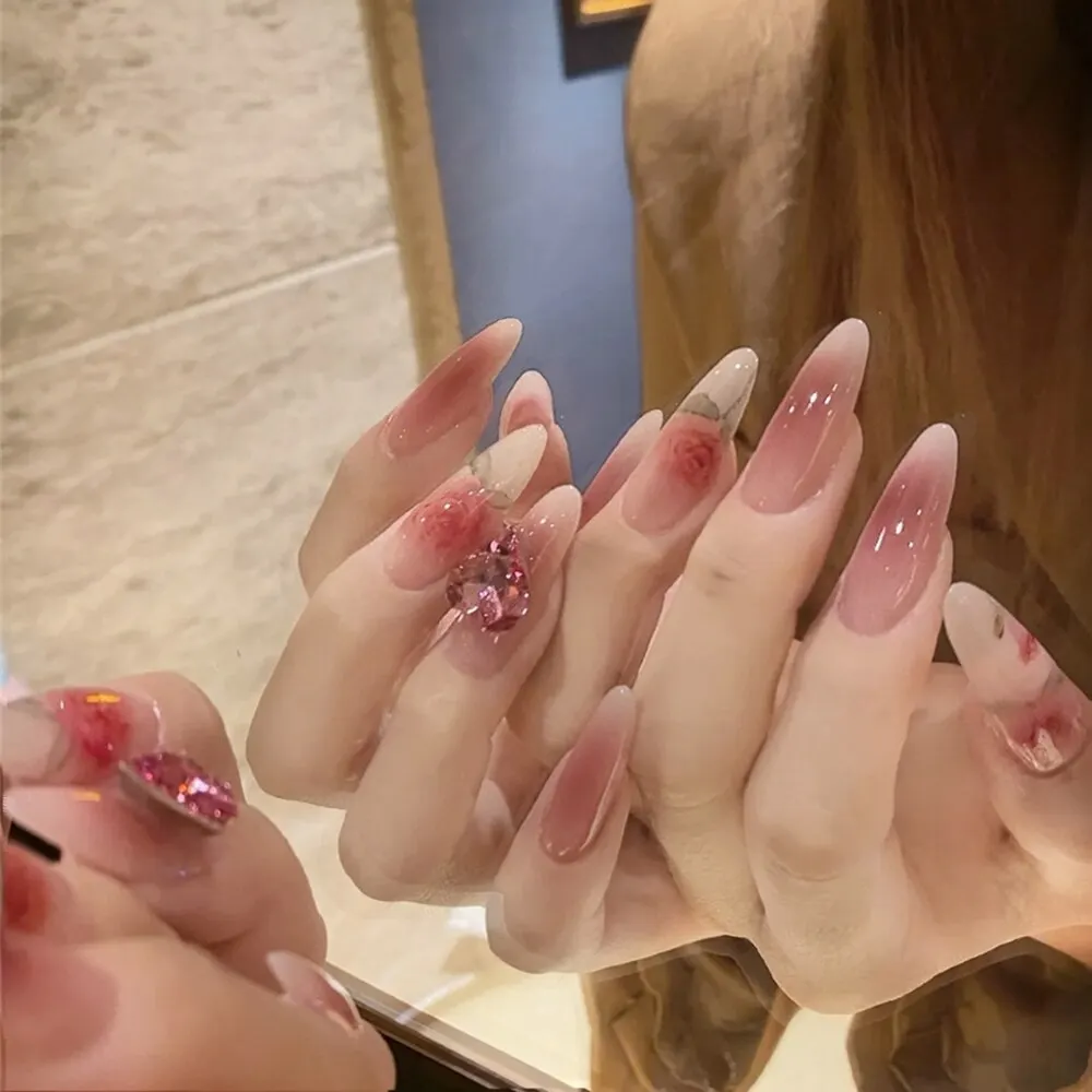 24PCS Press On Nails with Diamond Butterfly Design White Fake Nails Coffin Ballet False Nails Manicure Salon DIY  Full Finished-Nail Inspo