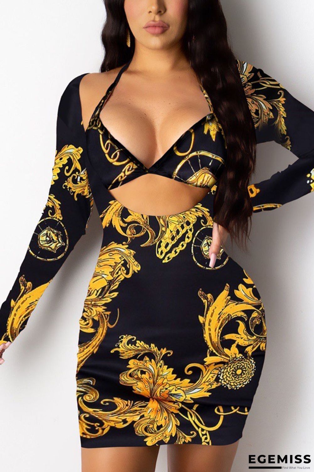 Black British Style Print U Neck Pencil Skirt Dresses | EGEMISS