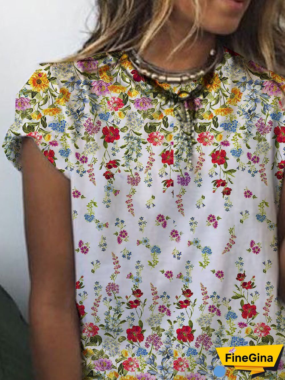 Floral Short Sleeve Printed Cotton-blend Crew Neck Casual Summer White Top