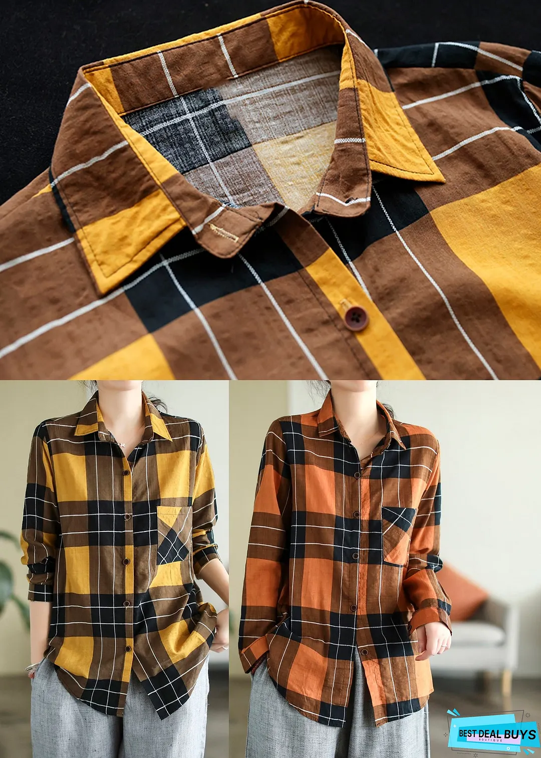 Vogue Yellow Peter Pan Collar Plaid Button Cotton Shirt Long Sleeve