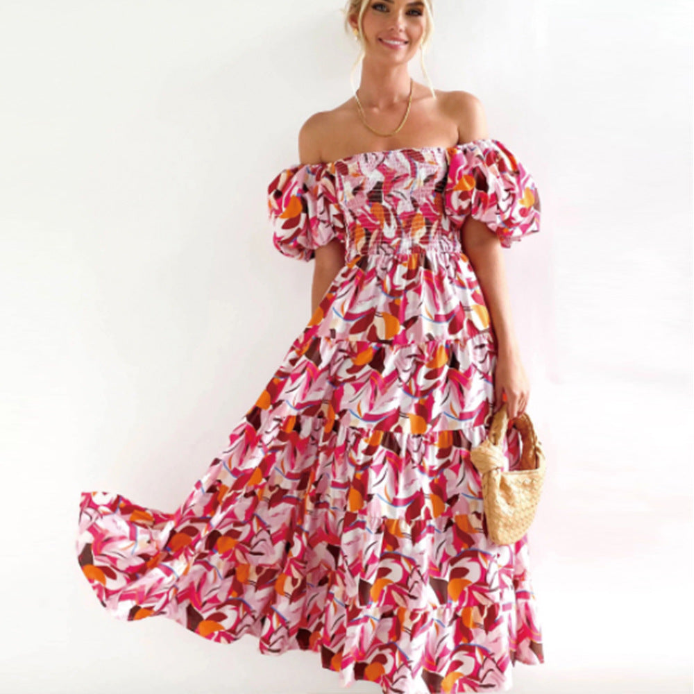 Bohemian Floral Print Off Shoulder Vacation Sexy Loose Dress for Women