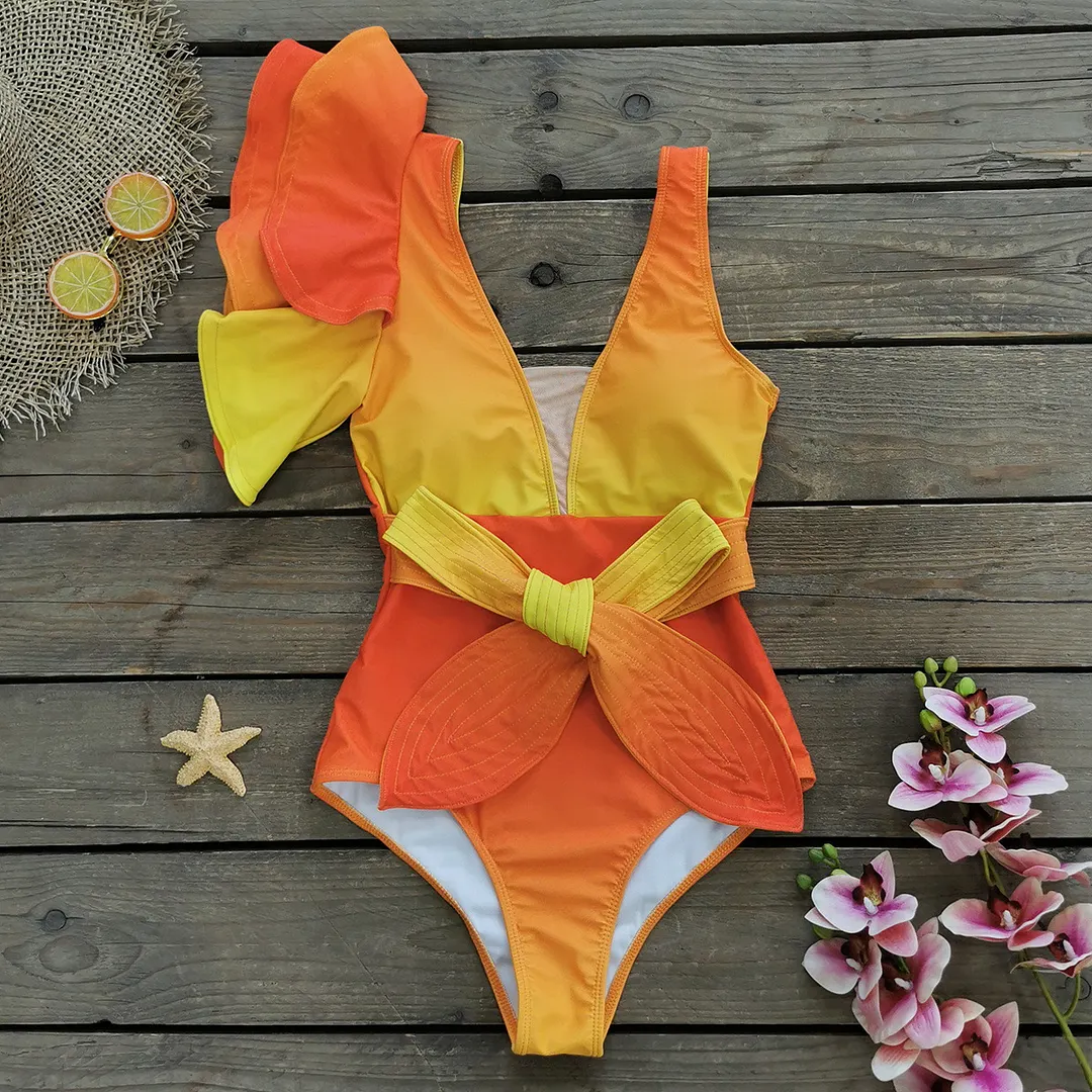 Uveng 2025 New One-Piece Swimsuit Women Two-Piece Set Of Gradient One-Shoulder Double-Edged Swimsuit