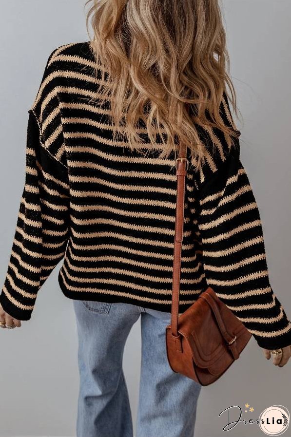 Black Stripe Drop Shoulder Round Neck Loose Sweater