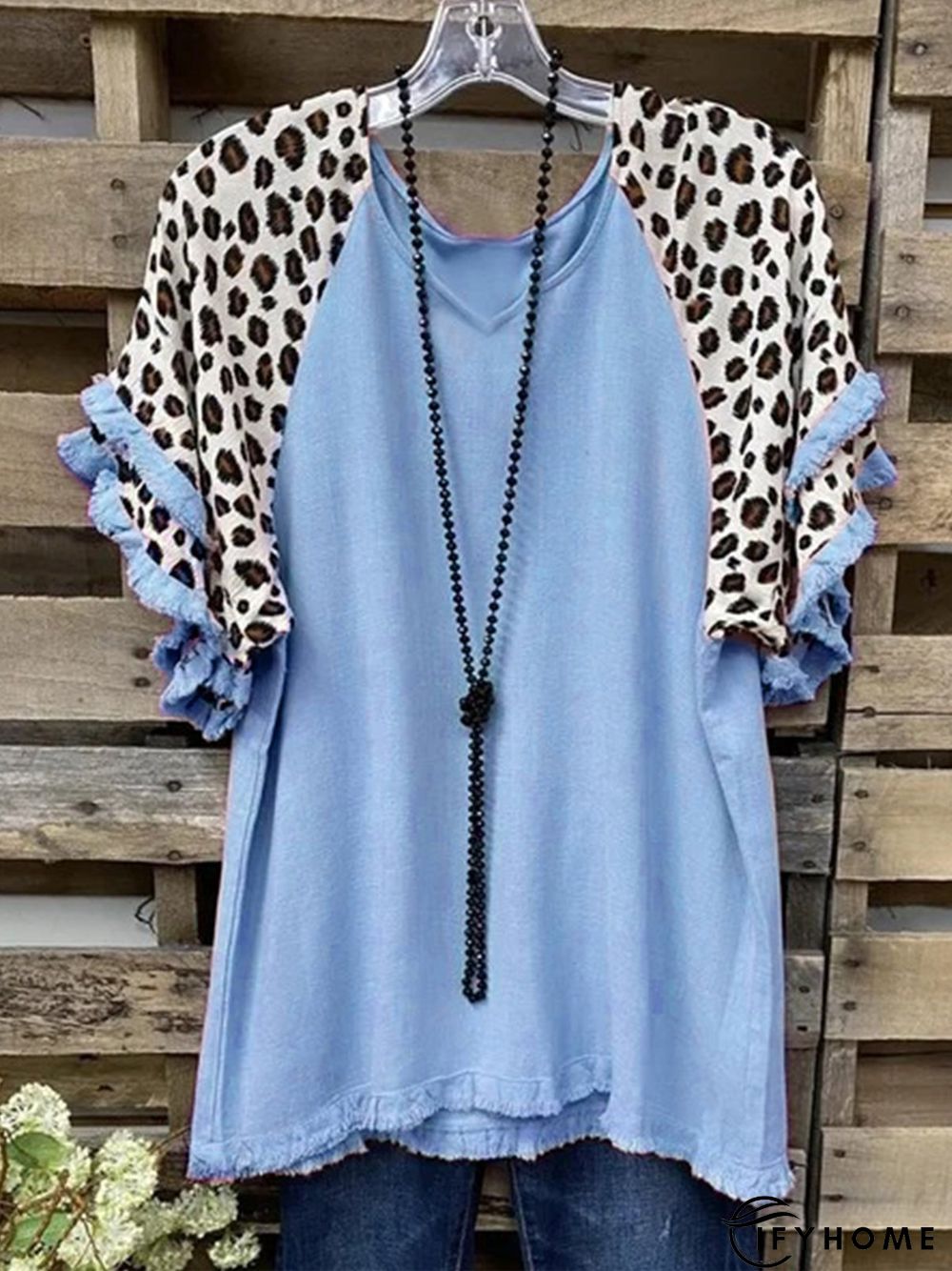 Vintage Leopard Printed Tassel Plus Size Short Sleeve V Neck Casual Tops | IFYHOME