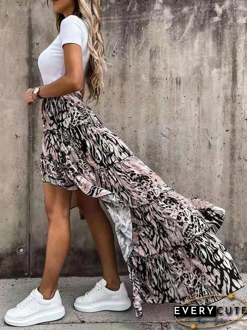Casual Floral Print Asymmetrical Hem Skirt