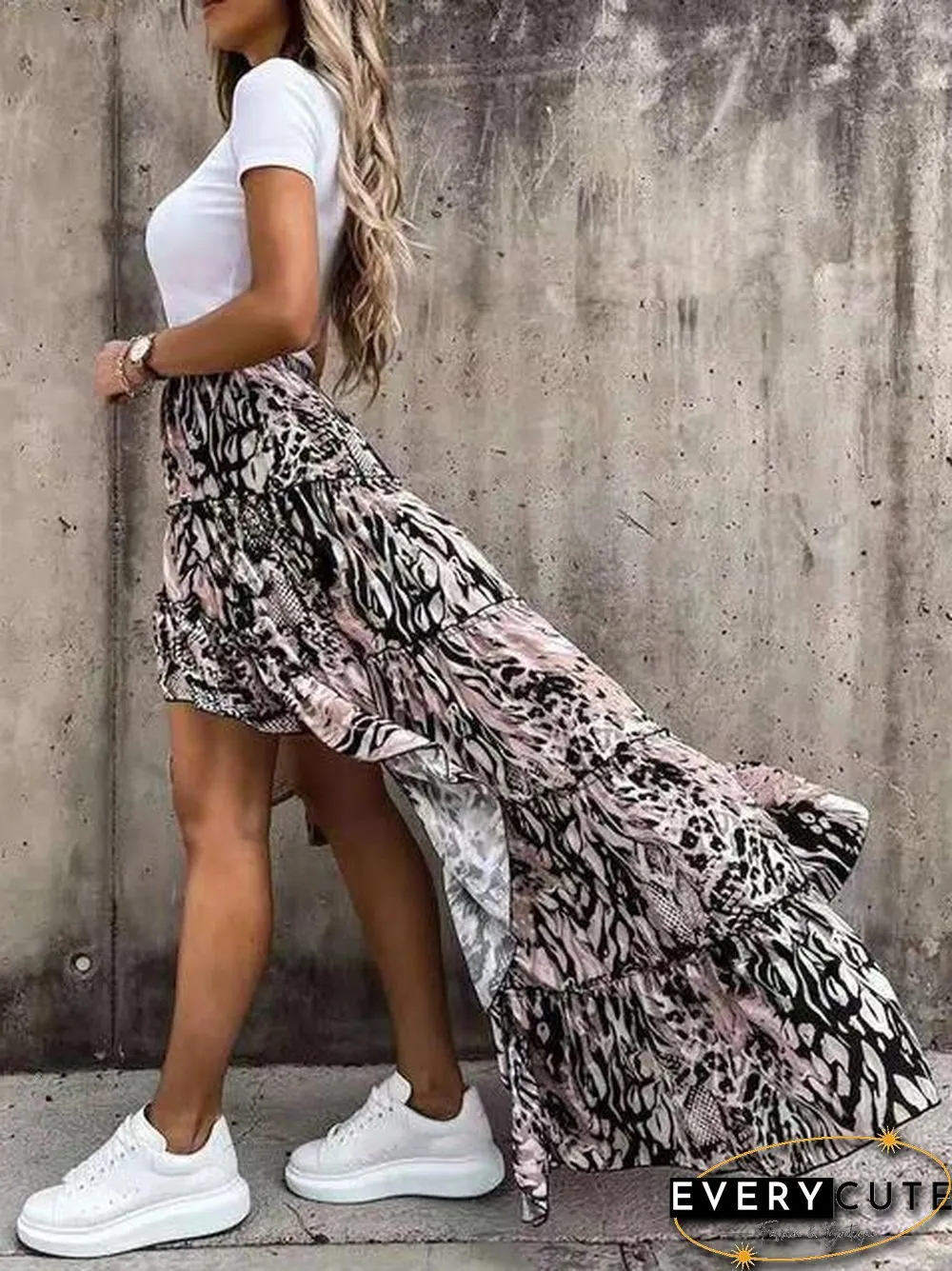Casual Floral Print Asymmetrical Hem Skirt
