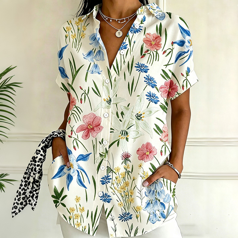 Comstylish Women's Casual Retro Floral Artistic Art Print Cotton Shirts