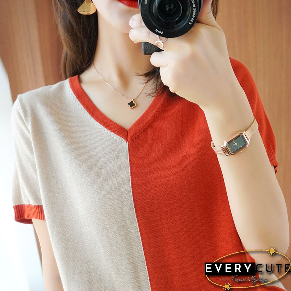 Female Two-Color Patchwork Knitted T-Shirt Mercerized Cotton Summer Women Short Sleeve Pullover Lady Loose Cool V-Neck Tops