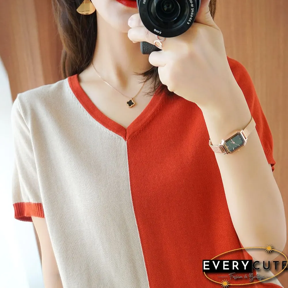 Female Two-Color Patchwork Knitted T-Shirt Mercerized Cotton Summer Women Short Sleeve Pullover Lady Loose Cool V-Neck Tops