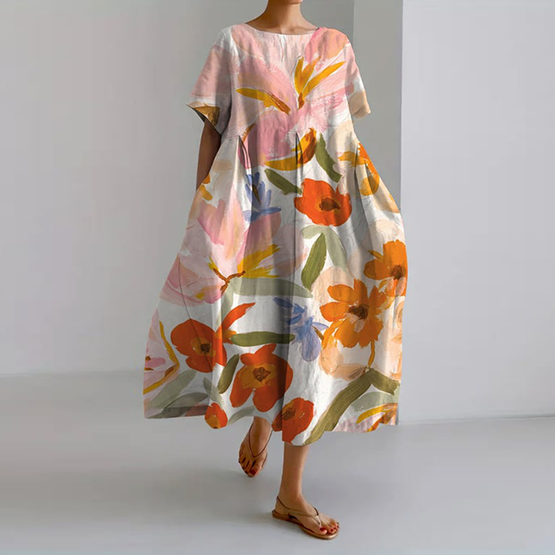 Floral Print Round Neck Short Sleeve Casual Midi Dress artswardrobe