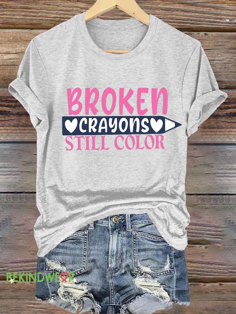 Broken Crayons Still Color Print Casual Crew Neck Short Sleeve T-Shirt White / S