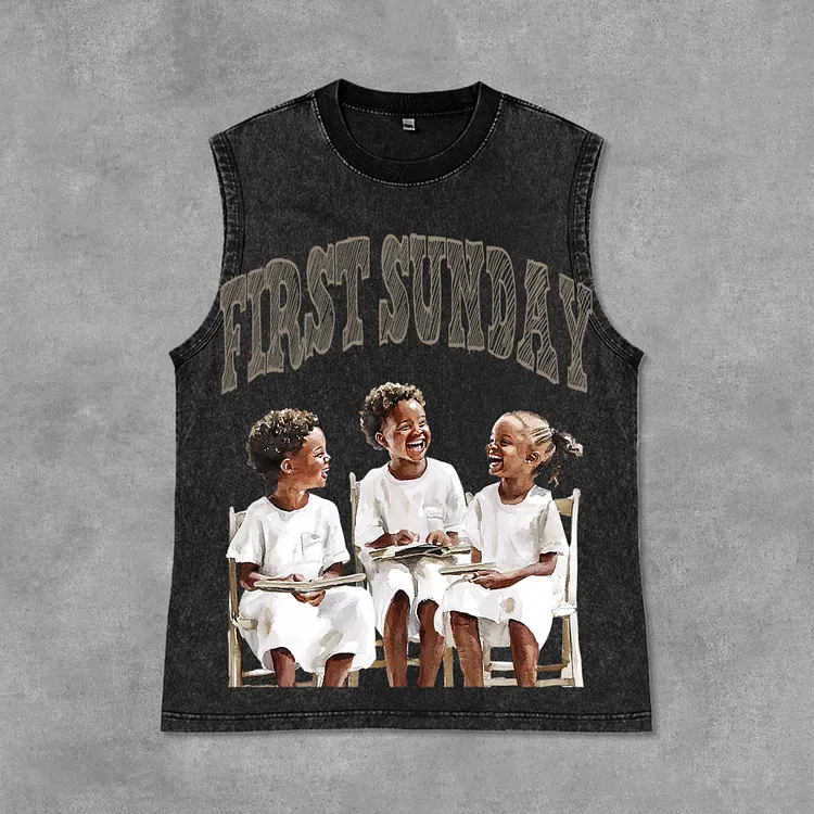 Retro First Sunday Faith Graphic Print Acid Washed Tank Top