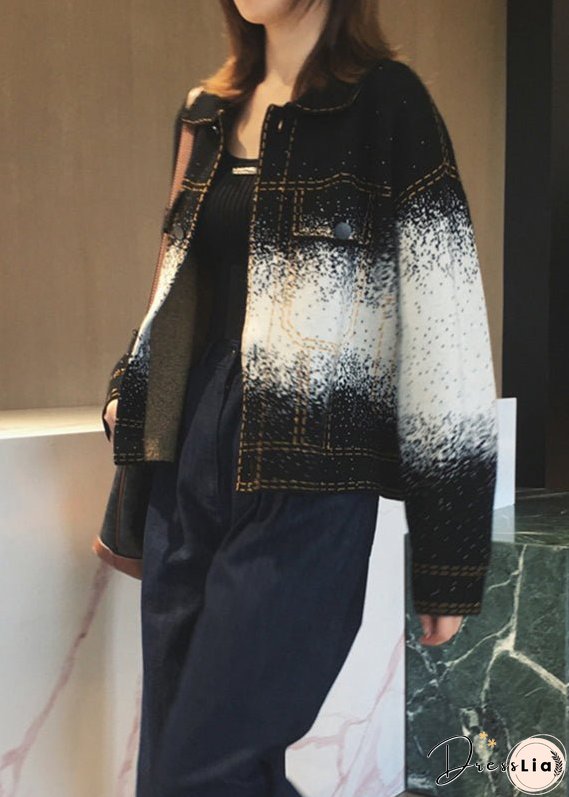 Gradient Color Blue Square Collar Button Wool Knit Coats Long Sleeve