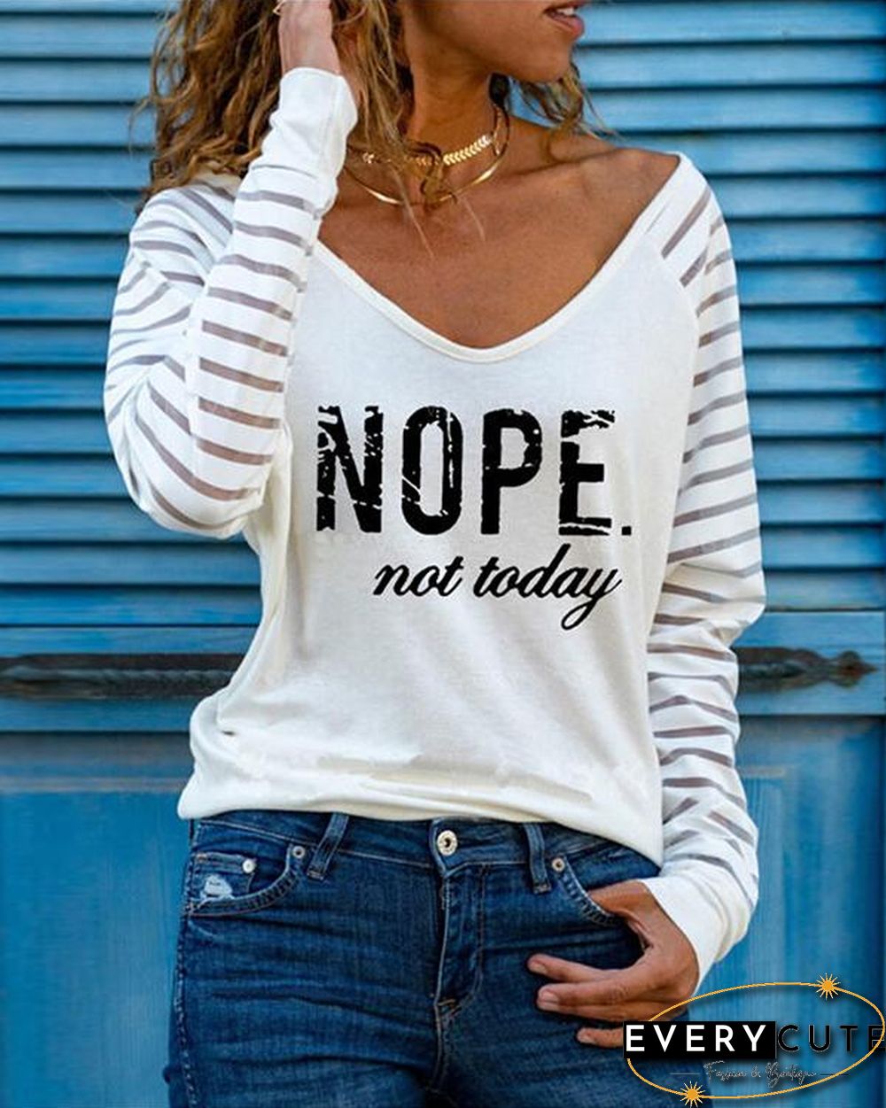 Casual Letter Print V Neck Shirts&Tops