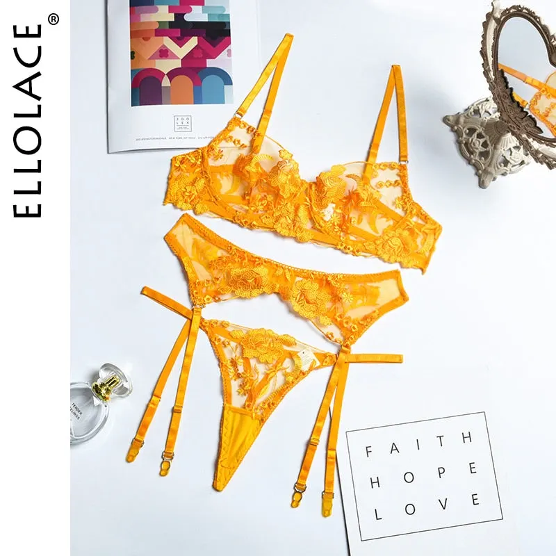 Ellolace Neon Floral Lingerie 3 Piece Set Transparent Underwear Women Push up Bra With Bone Erotic Lingerie Sensual Lingerie Set