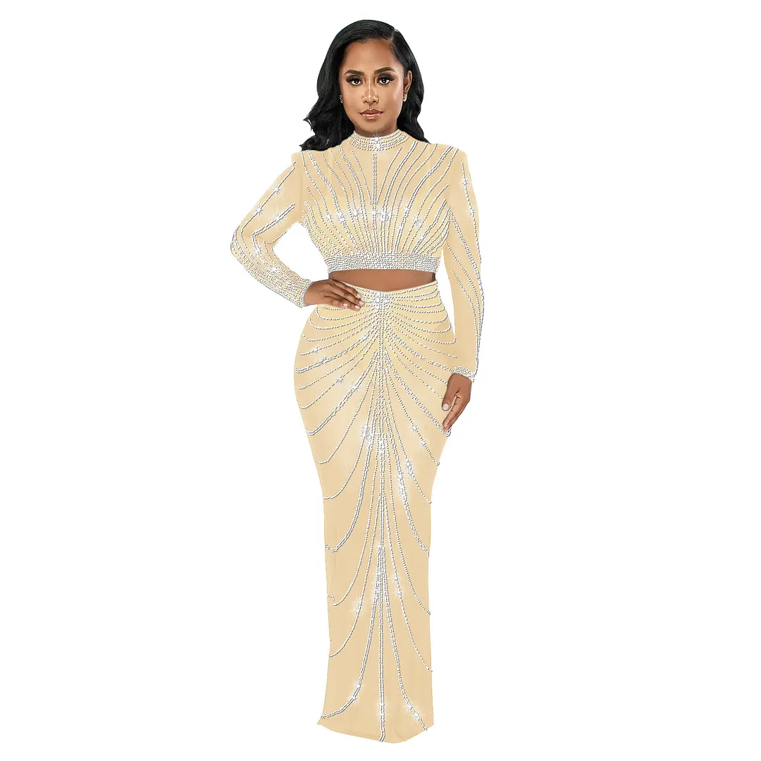 Churchf Churchf Fashion Women's Mesh Hot Drill Perspective Long-Sleeve Dress Two-Piece Set