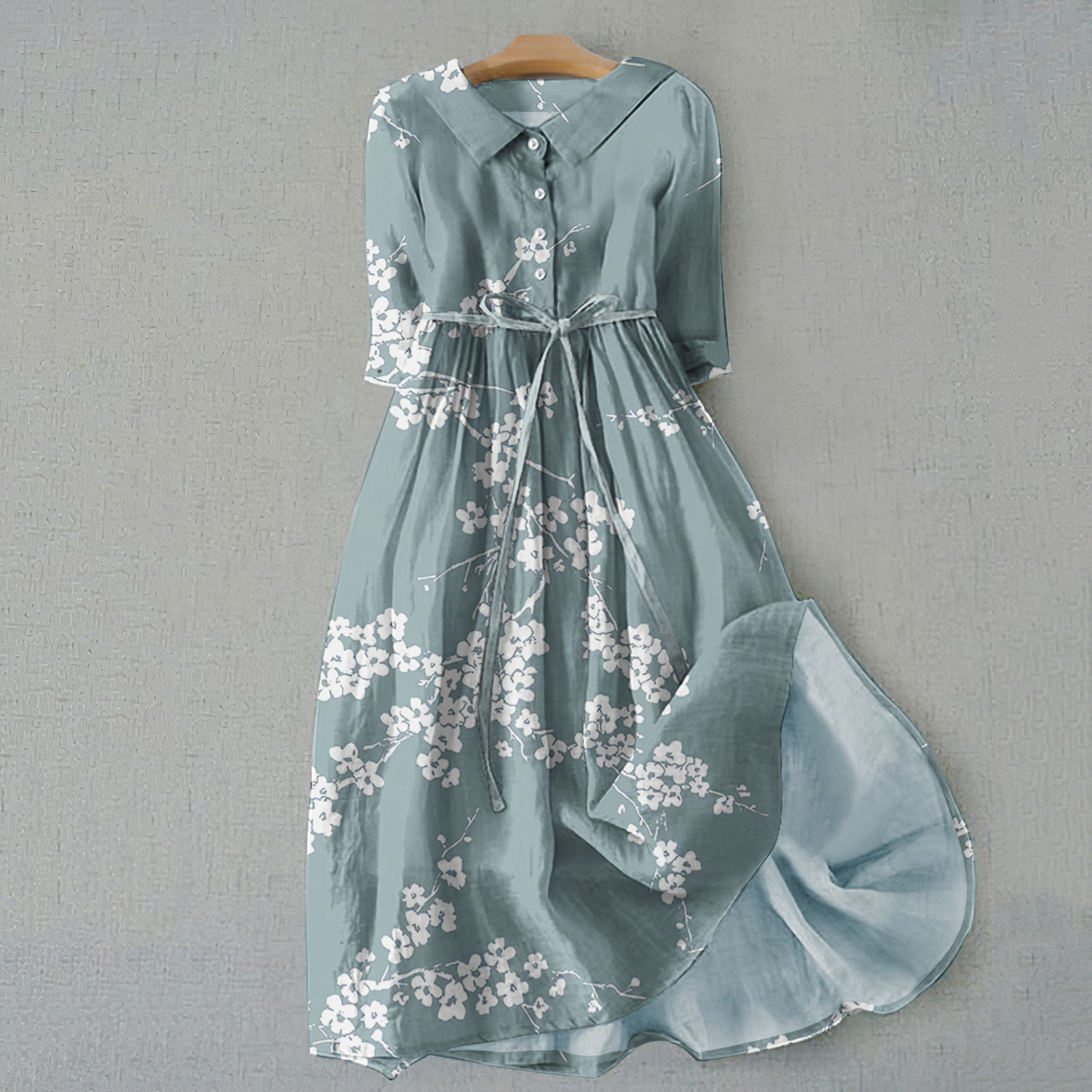 Vintage Cherry Blossom Print Lapel Lace-Up Loose Midi Dress artswardrobe