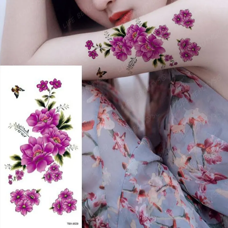 Sdrawing Temporary Flower Tattoos Women Fashion Beauty Rose Butterfly Flash 3D Fake Tattoo Arm Sleeve Pink Blue Sticker Girl
