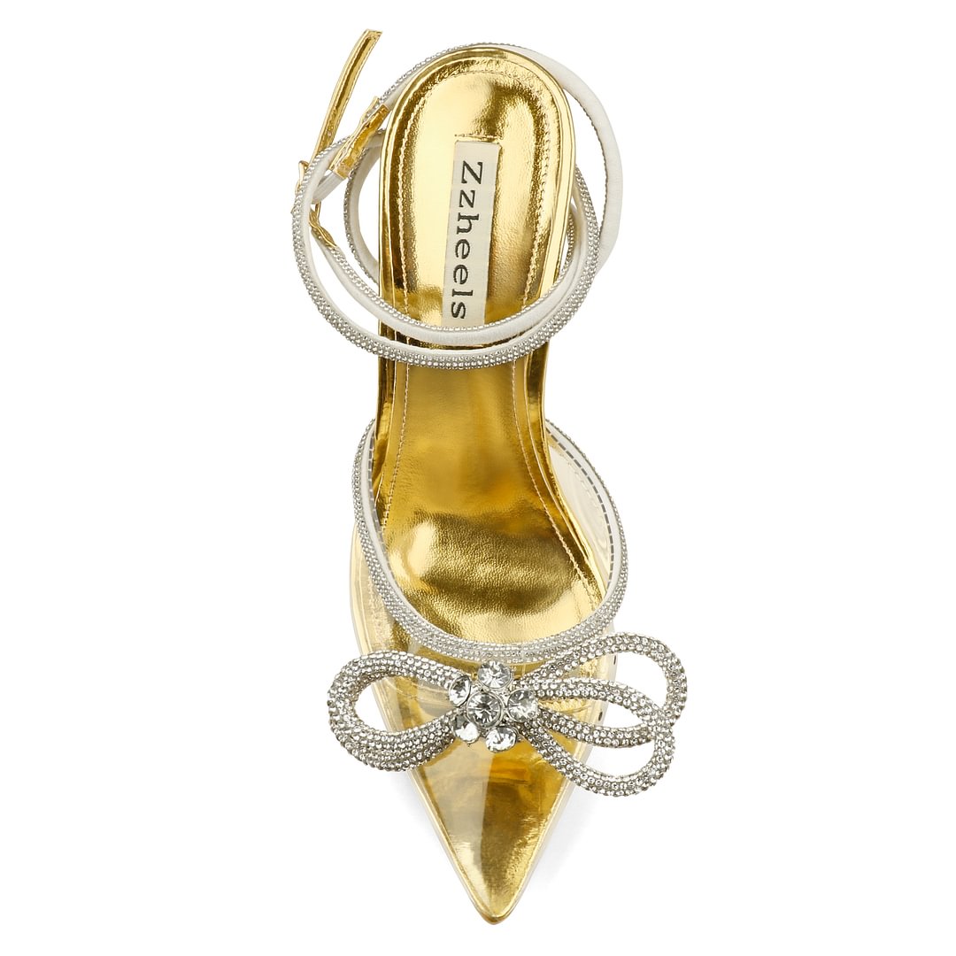 9.5cm/3.74 Double Bow Crystallized High Pums Pointed Toe Strappy Transparent Sandals Wedding Shoes