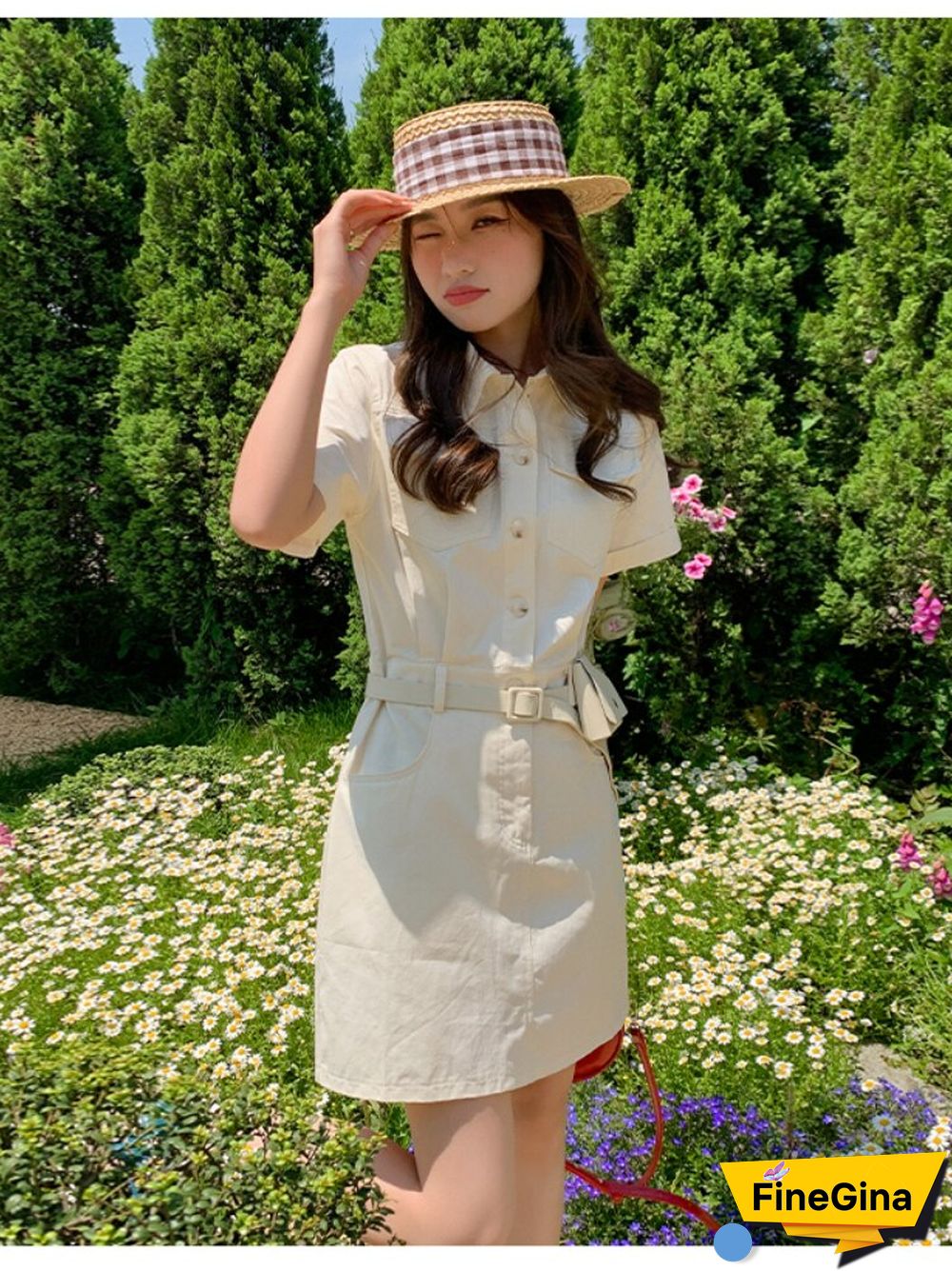 Safari Style Slim Fit Dress Women Summer Vintage Khaki Dresses With Waist Bag Female Button Cowboy Vestidos Mujer