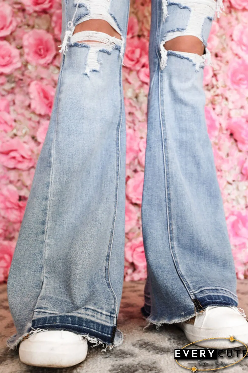 Sky Blue Light Wash Distressed High Rise Flare Jeans