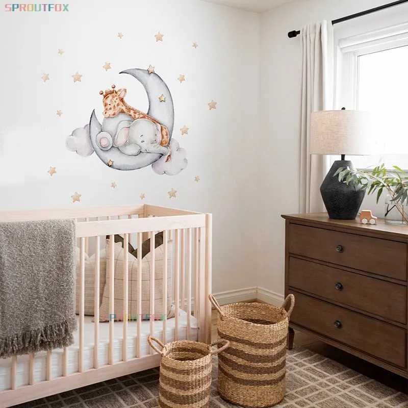 Elephant Giraffe Wall Stickers Child Wall Decorative Vinyl Animal Pattern Moon Wall Stickers For Children's Room Kids Rooms