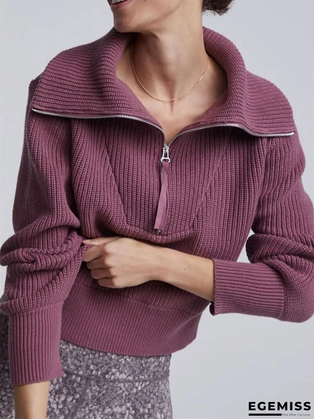 Solid Color Zipper Wide Neck Fashionable Casual Sweater | EGEMISS