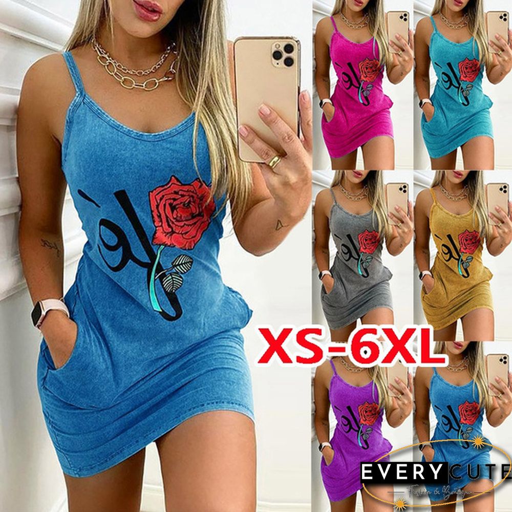 Womens Fashion Summer Clothing Casual Sleeveless Floral Prited Halter Dress With Pockets Sexy V-Neck Party Club Mini Tank Top Dresses Ladies Plus Size Cami Dress