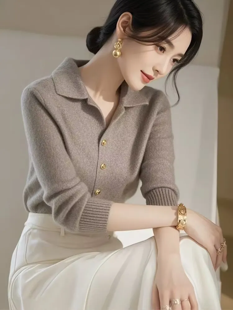 Athvotar Athvotar Polo Collar Long-Sleeved Knitted Shirt 2025 European Blouse French Elegant Thin Outer Wear Bottom Sweater Woman