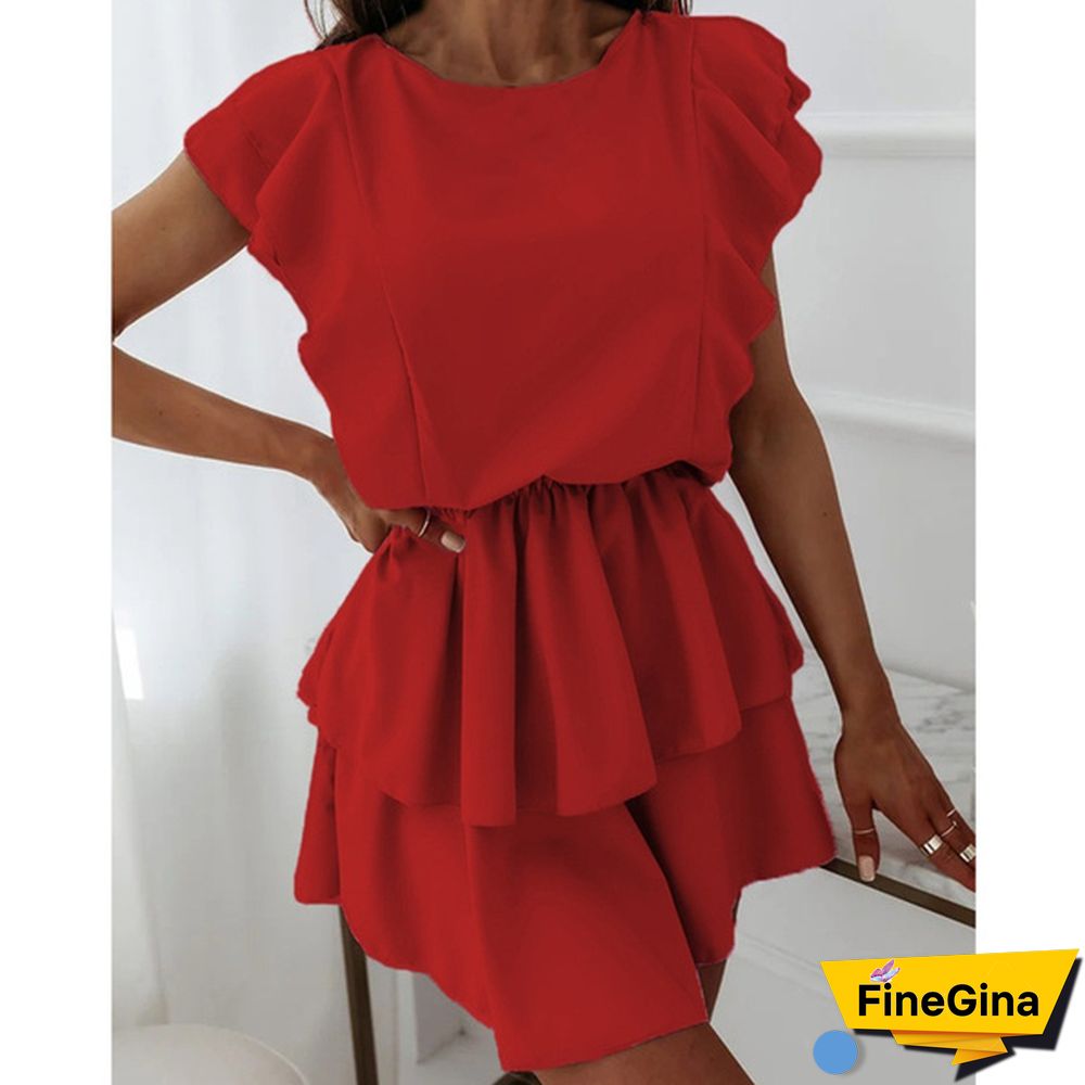 Summer Women's Fashion Solid Color Mini Dress O-Neck Ruffle Short Sleeve Dresses