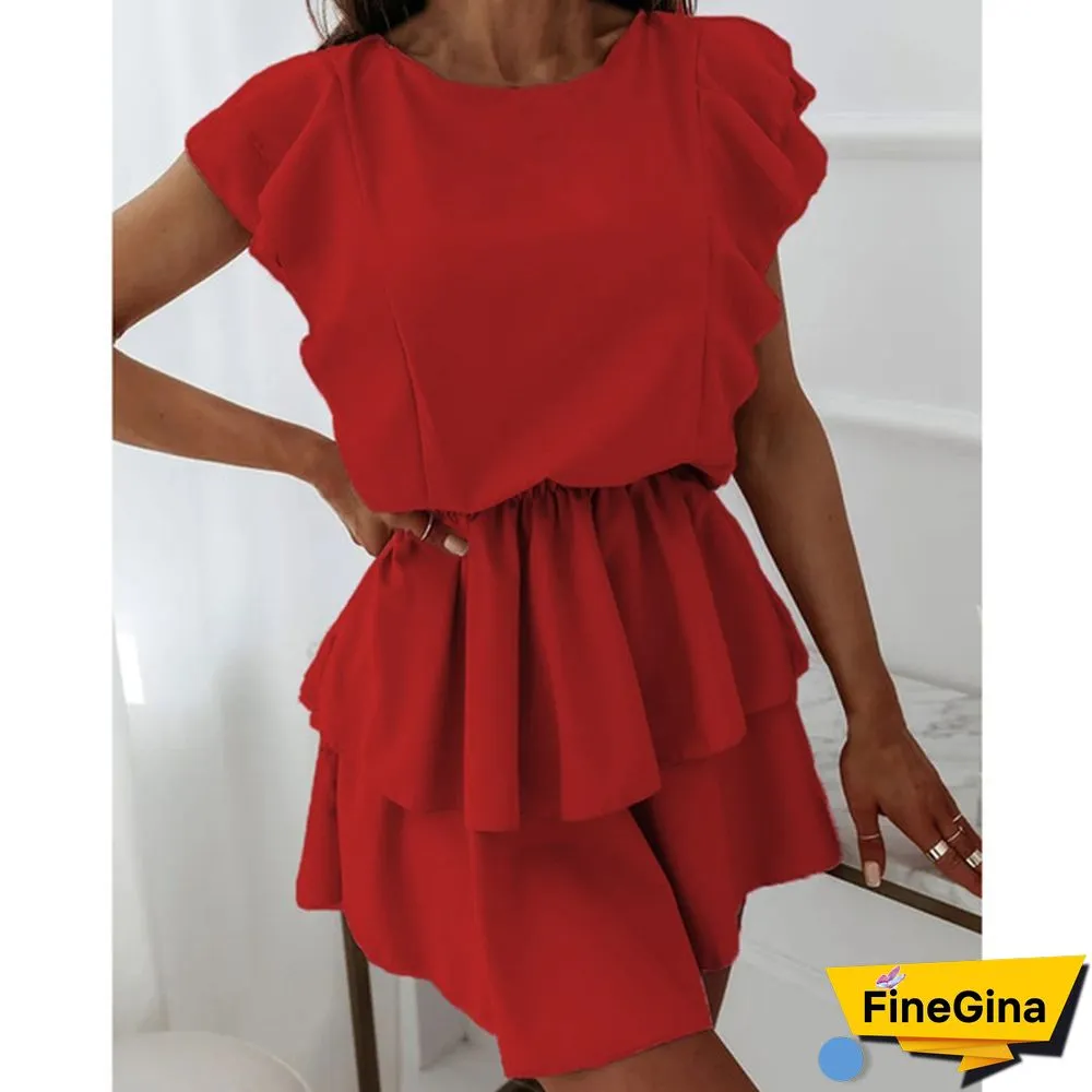 Summer Women's Fashion Solid Color Mini Dress O-Neck Ruffle Short Sleeve Dresses