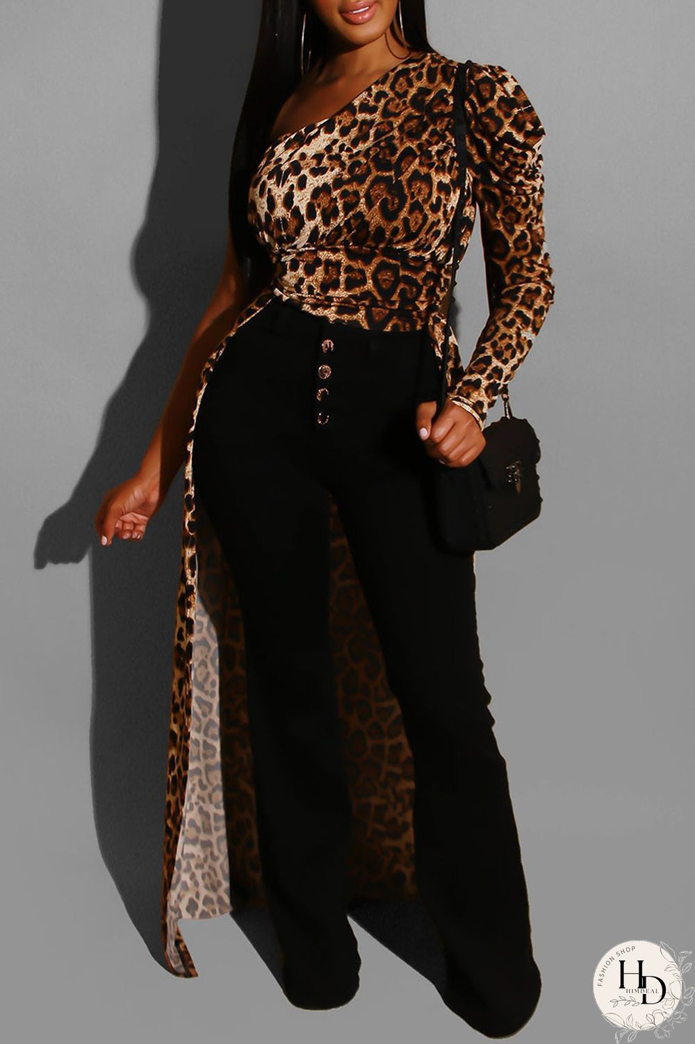 Leopard Print Sexy Print Leopard Split Joint Fold Asymmetrical Oblique Collar Dresses