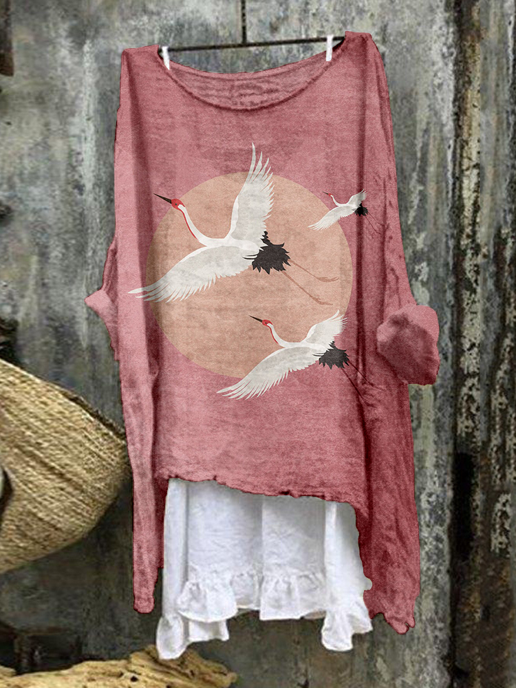 Flying Cranes Japanese Art Linen Blend Flowy Tunic
