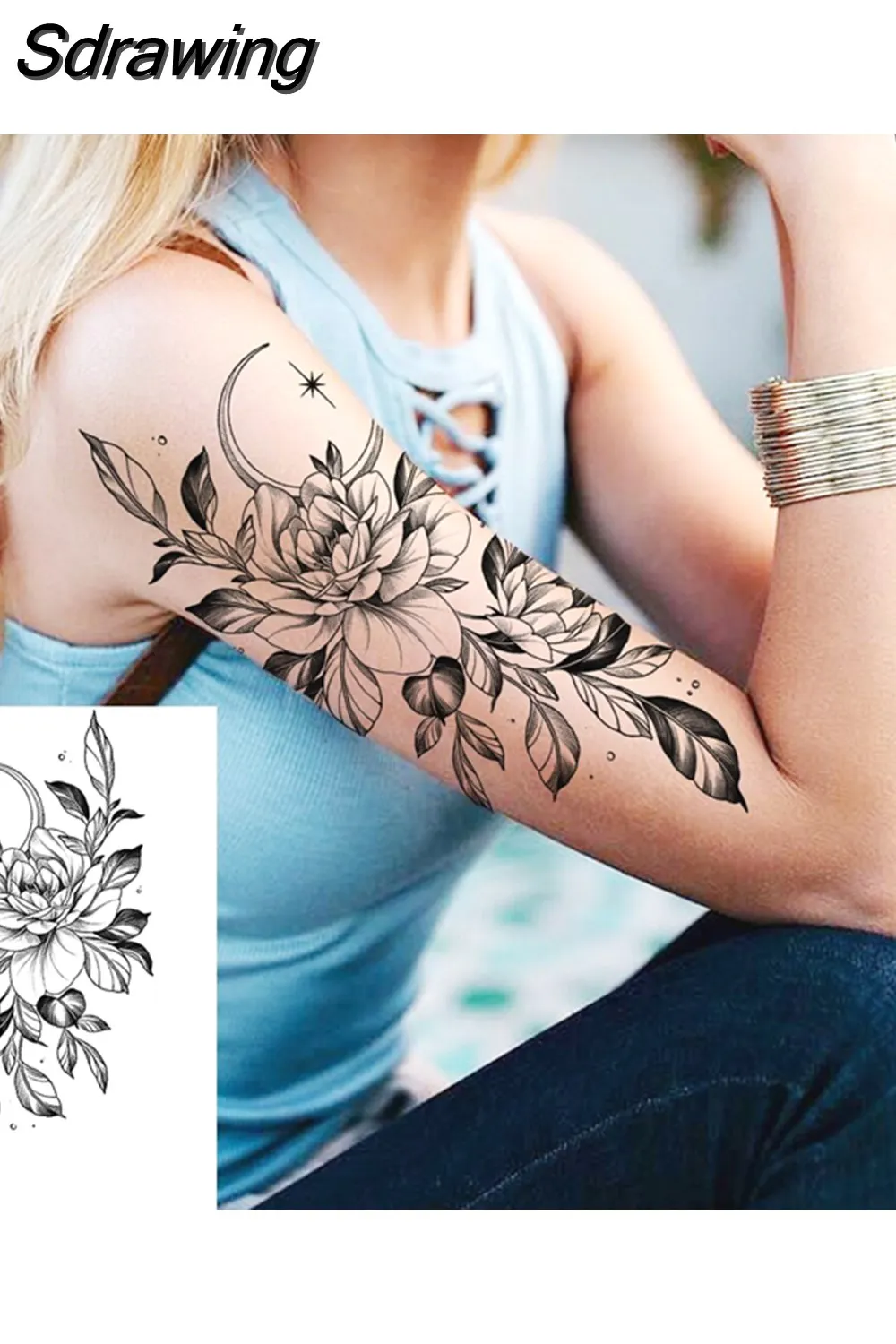 Sdrawing Peony Flower Temporary Tattoos For Women Adults Realistic Compass Moon Pendant Fake Tattoo Sticker Arm Body Tatoos 507-1