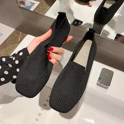 2021  Plus Size Spring New Ballet Flats Women Square Toe Knit Fabric Loafers Breathable Flat Heel Drive Shoes Driving Sneaker