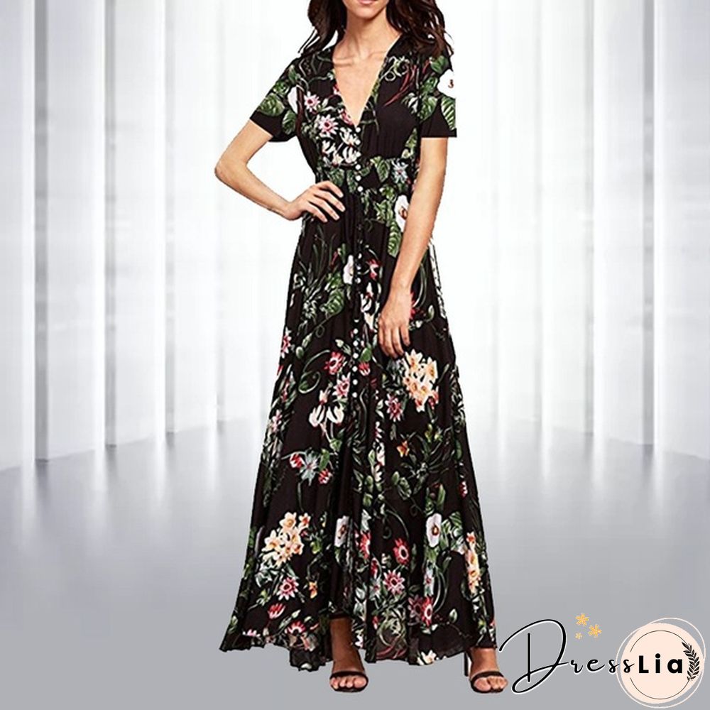 Summer Fashion Womens Bohemian V Neck Print Big Swing Long Dress Plus Size