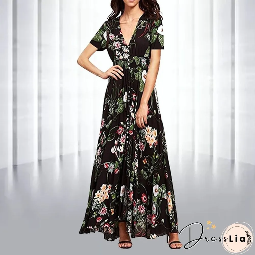 Summer Fashion Womens Bohemian V Neck Print Big Swing Long Dress Plus Size