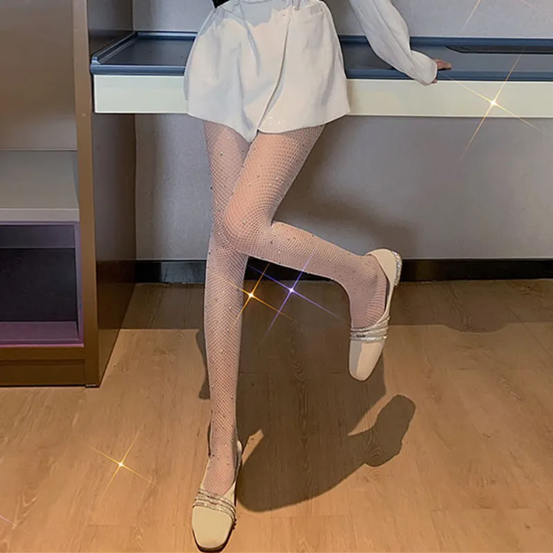 Churchf [With Diamonds] Black Stockings Women Thin Ins Tide Sexy Hollow Fishing Net Socks Spring Hot Diamond Crystals Even Foot Socks
