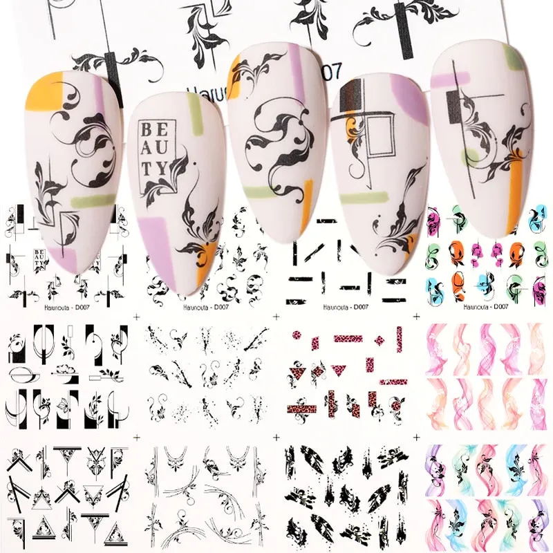 12Styles Harunouta Spring Summer Alphabet Flower Leaves Nail Water Decals Popular Geometric Lines Transfer Stickers Decoration