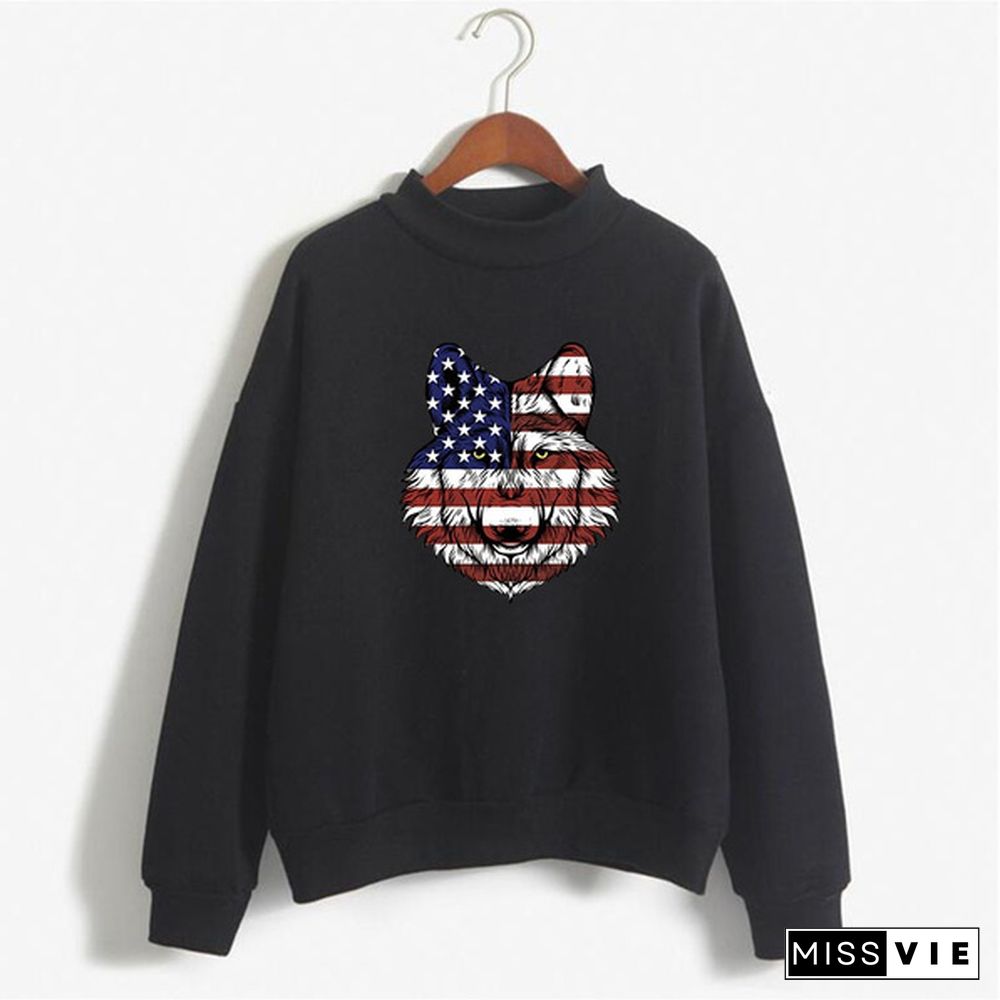 Women's Fashion Print Short Casual Pullover Loose Middle Collar Sweater