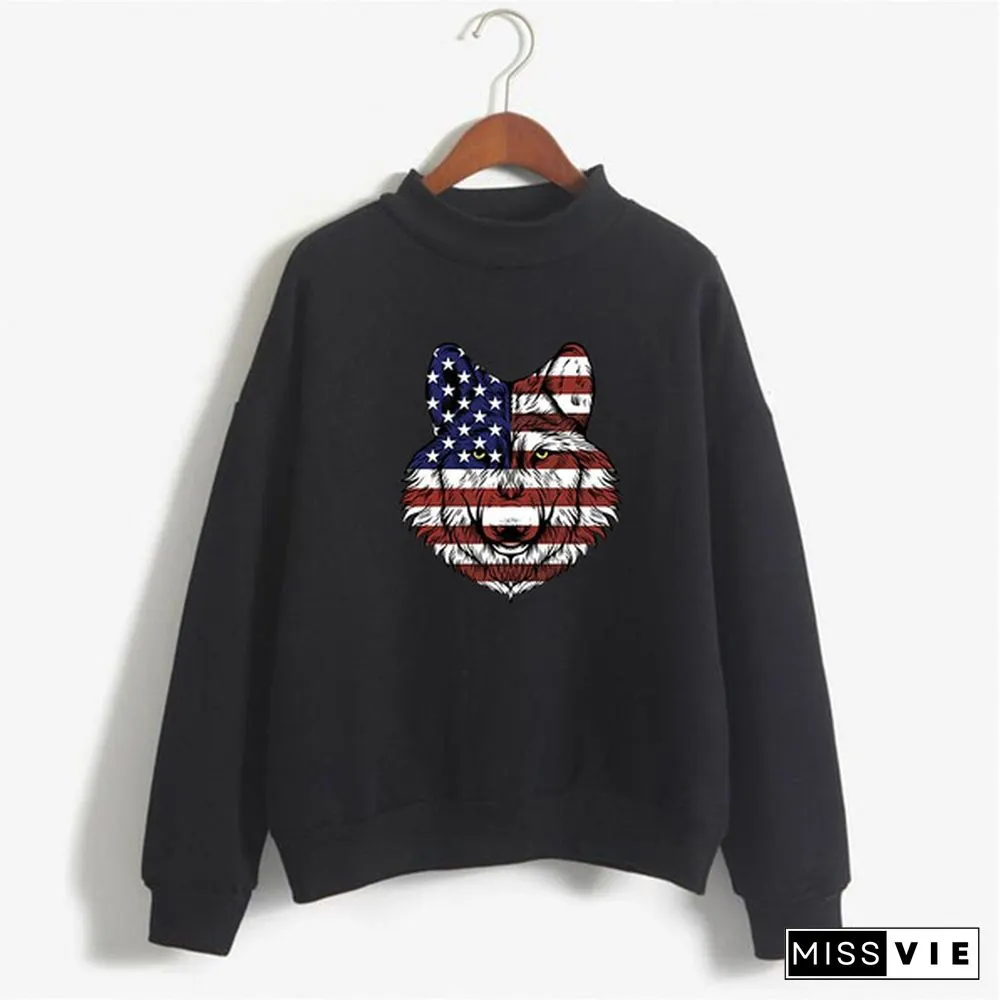 Women's Fashion Print Short Casual Pullover Loose Middle Collar Sweater