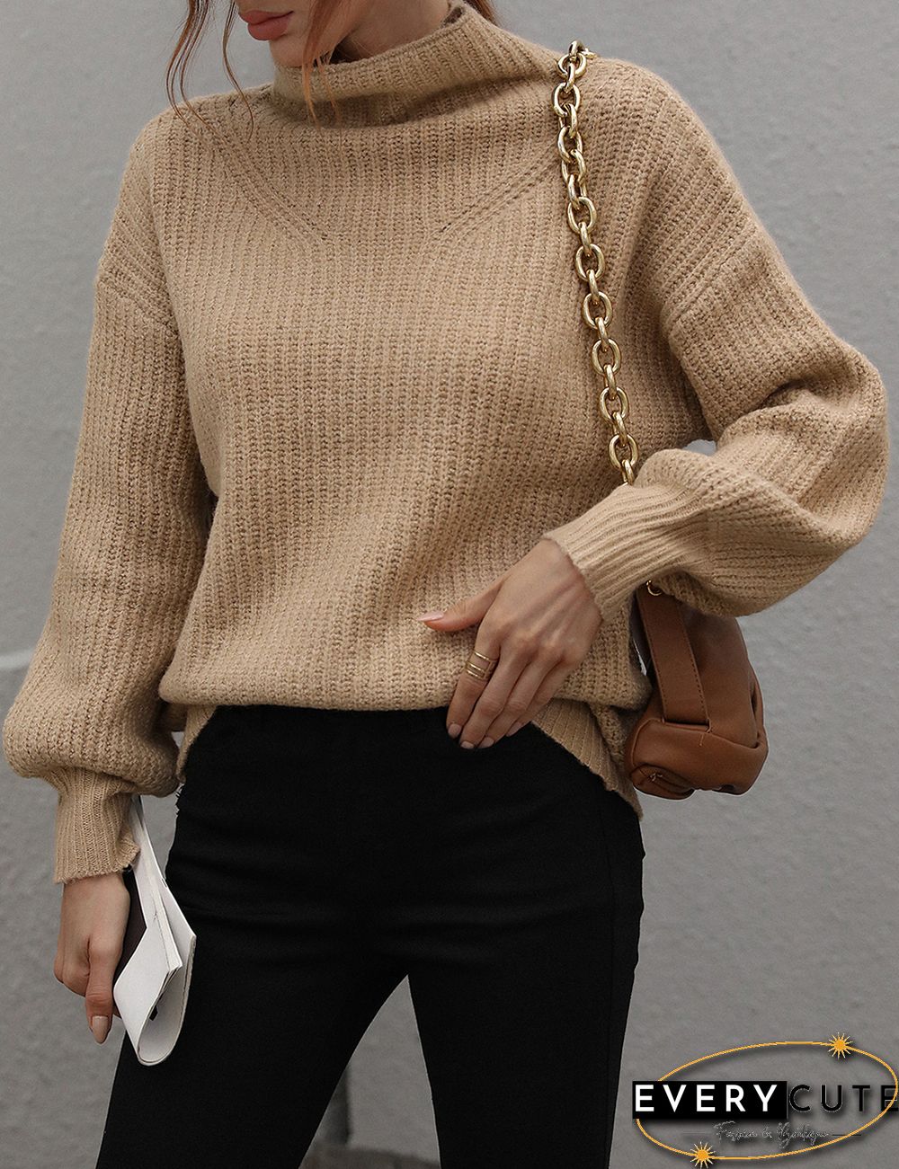 Khaki Solid Loose Style Turtleneck Sweater