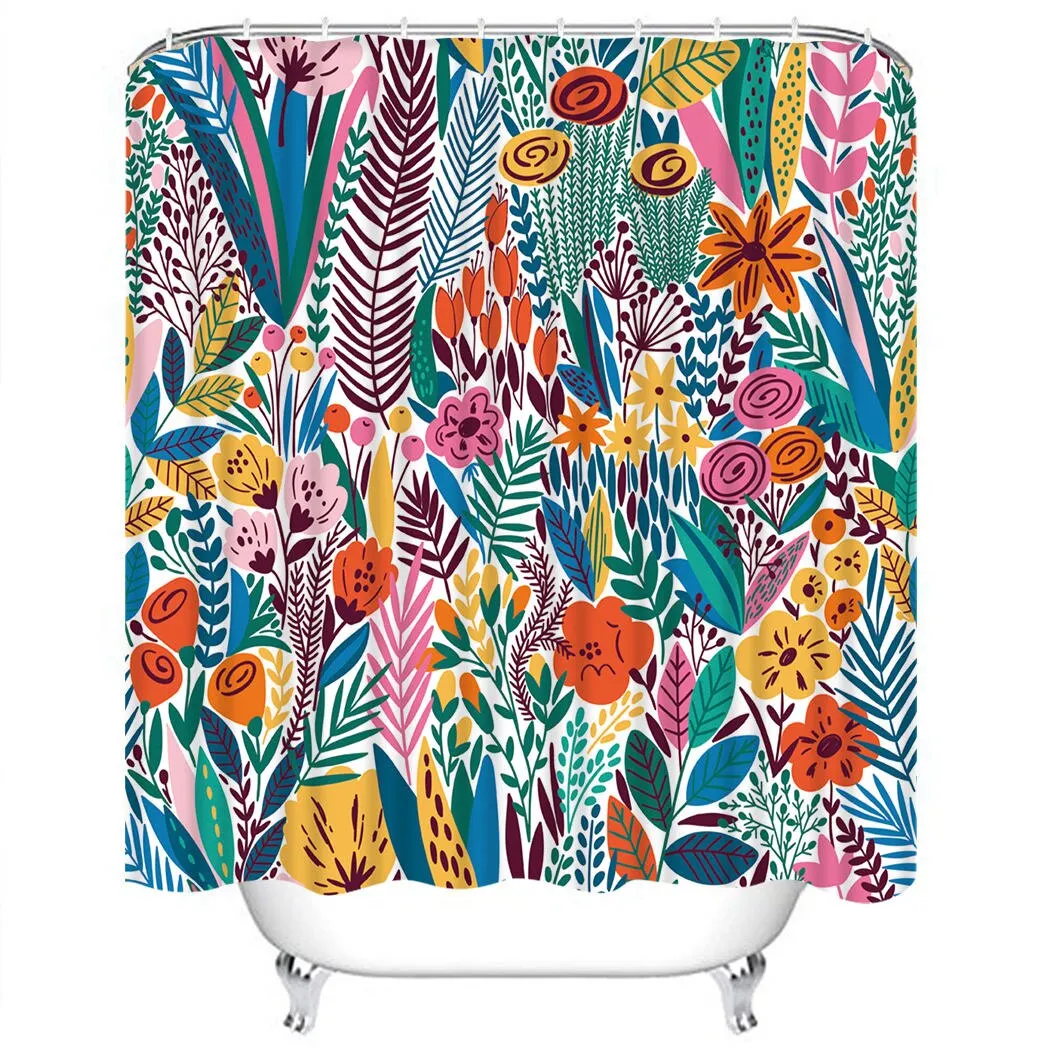 Abstract Floral Shower Curtain Bathroom Tropical Green Leaves Bath Shower Curtain With Hooks Waterproof Bathroom Shower Curtain
